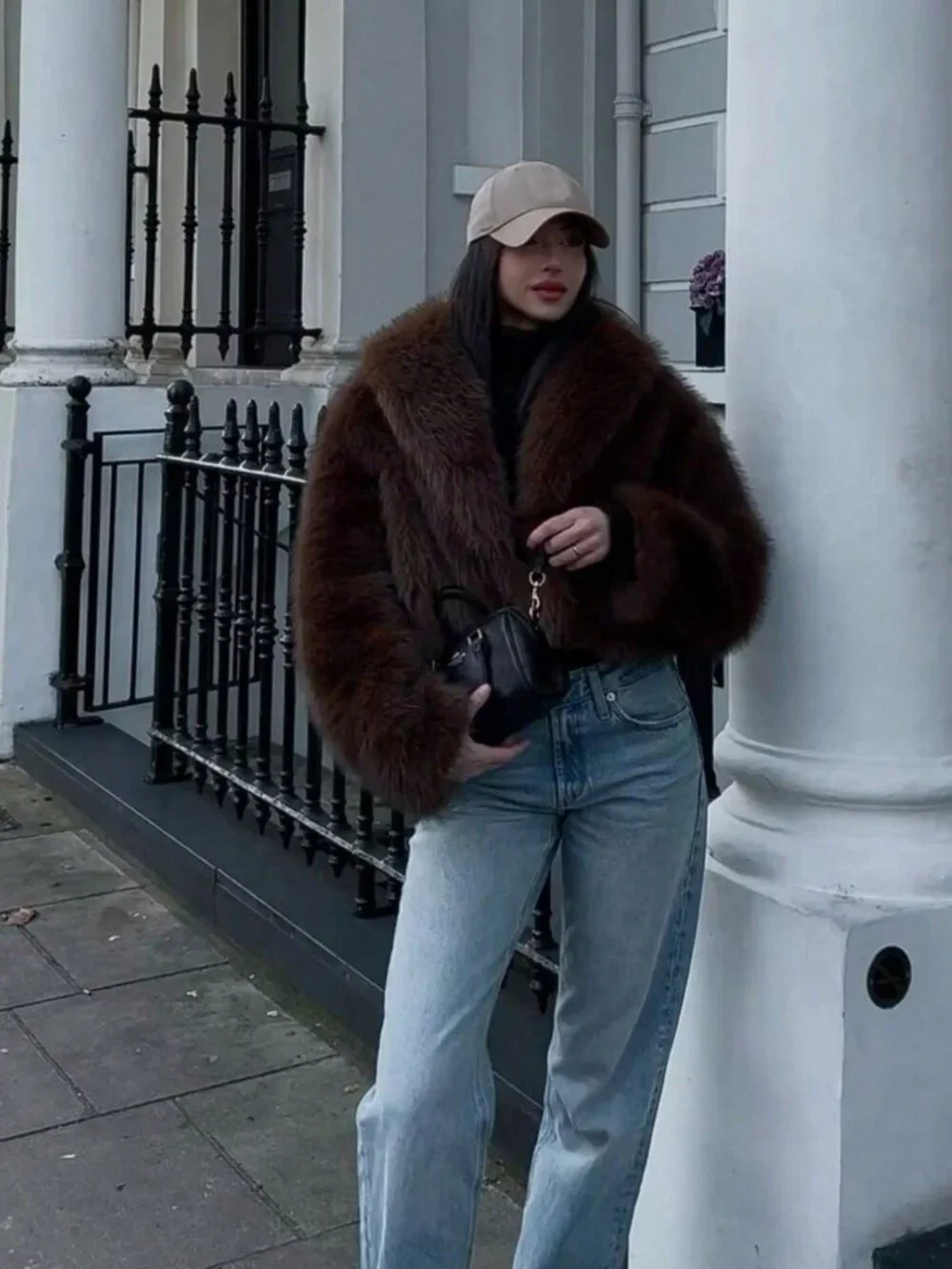 Brown Casual Women's Faux Fur Collar Short Jacket - Picture 3 of 9